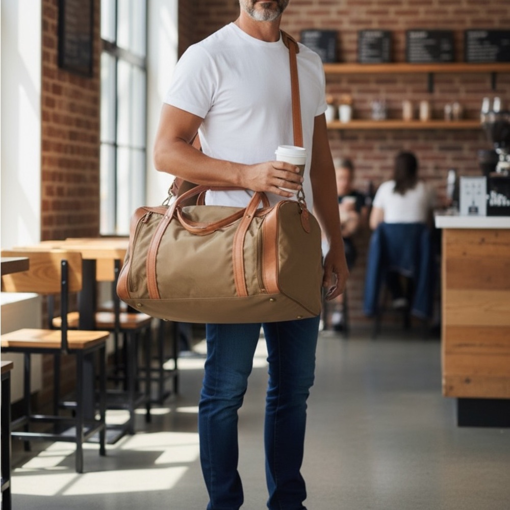 Canvas Travel Duffel Bag with Leather Trim - Tan
